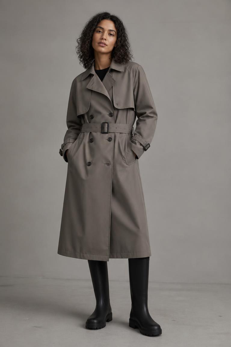 A water-resistant trench and rain boots shown on Maya